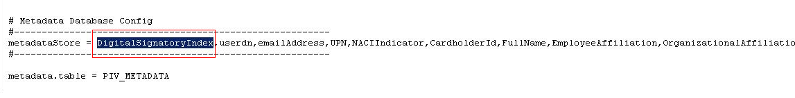 Metadata Database Config section with metadataStore parameter assigned the DigitalSignatoryIndex attribute with the attribute highlighted and outlined in red